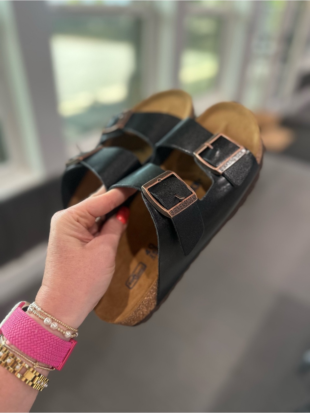 Birkenstock Black Two-Strap Arizona Sandal with Copper Buckles
